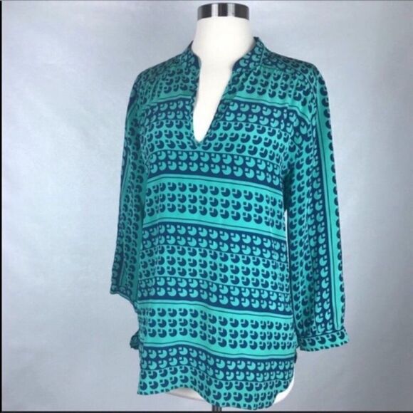 Amanda Uprichard Womens Silk Blouse Size Small Green Navy 3/4 Sleeve Pullover - Picture 2 of 6